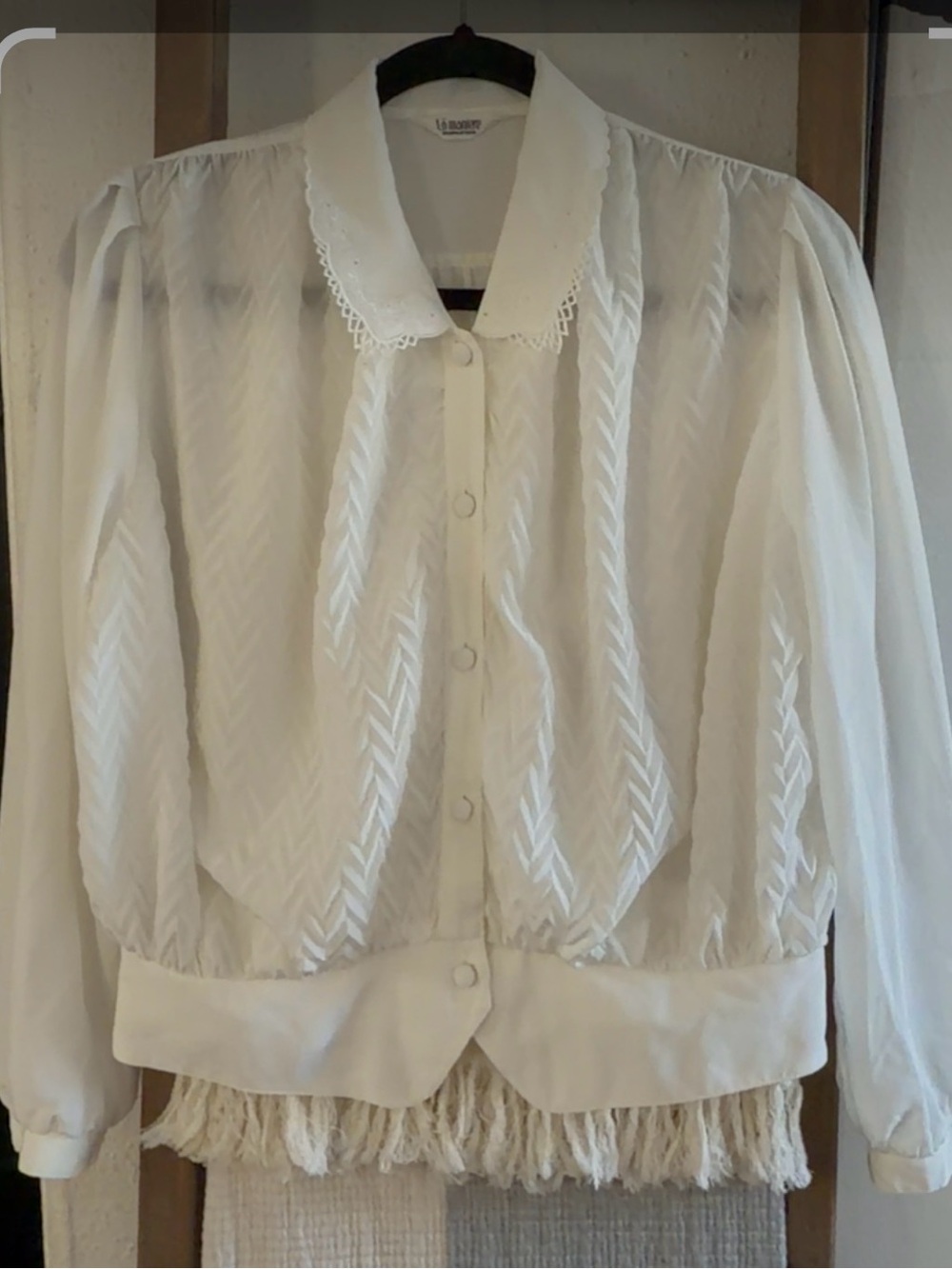 Vintage-Inspired White silk  Sheer Button-Front Blouse with Scalloped Collar